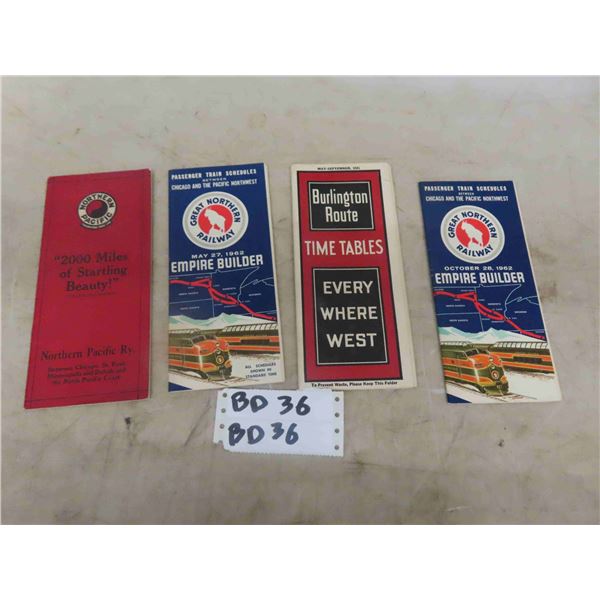 4 Vintage 1940's + 60's Railway Time Tables ; Great Northern, Burlington Route,