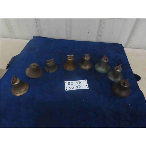 8 Antique Sheep Open End Bells - 6 Are Solid Brass - 1 Dated + Embossed ' Champion 1878' 