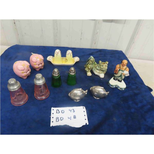 5 Pairs of Salt + Pepper Shakers ; Pink + Green Depression Glass, Royal Winton, 