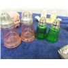 Image 2 : 5 Pairs of Salt + Pepper Shakers ; Pink + Green Depression Glass, Royal Winton, 