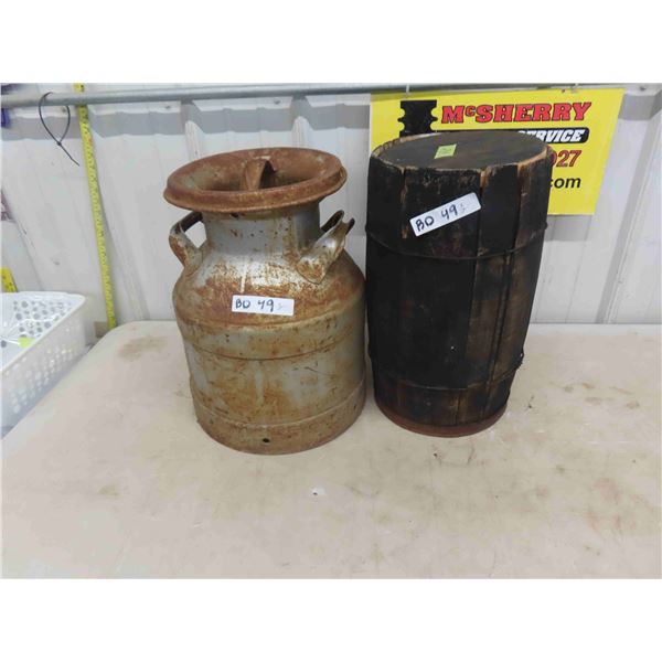 Antique Cream Can - Good with NO Dents + Wood Nail Keg with Lid