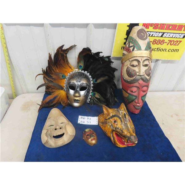 3 Unusual Carved Vintage Wooden Masks ; Double Faced, Wolf + Oriental & Peacock 