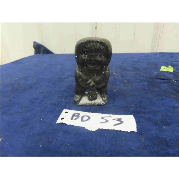 Vintage Inuit Soapstone Carving of Hunter Pulling Seal from Ice 3.5" Tall - Signed + 