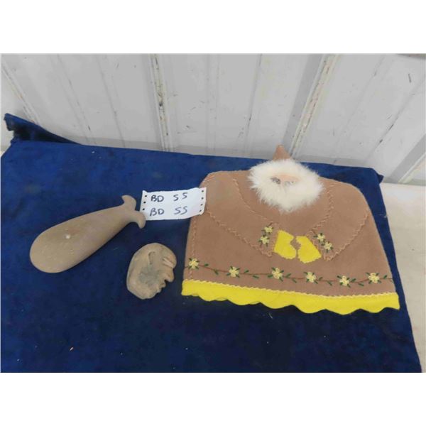 Vintage Inuit Made Wool Applique Hat with Real Fur, 2 Stone Carvings of Human Head