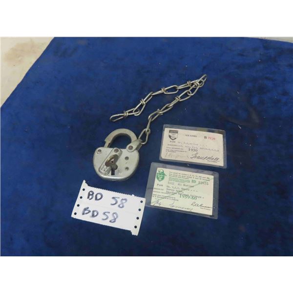 Vintage CPR Switch Lock with Key - Works & 2 Employee Railway Passes ; 1930 + 1959