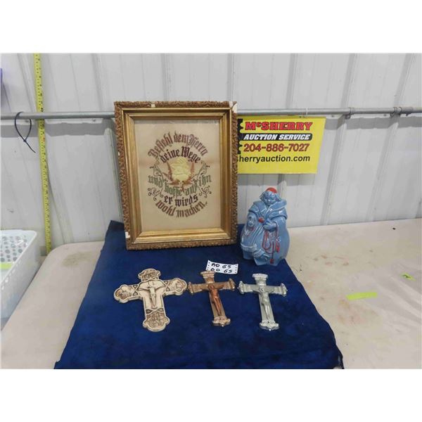 Vintage Religious Lot; 2 Metal Crucifix - Late 1800s, Needlework, Friar Red Wing