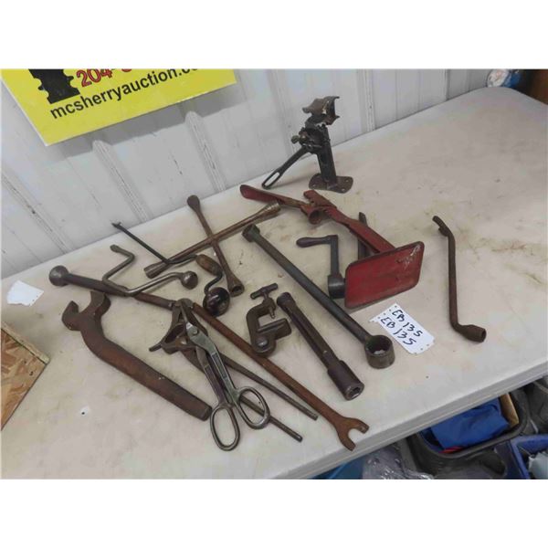 Old Model T Jacks, Wheel Wrench, Bottle Capper, Drill Wrench, Cutters, plus more