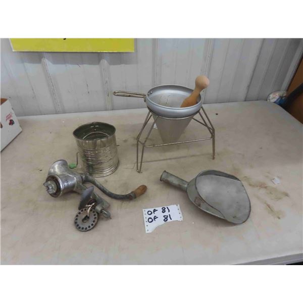 Vintage Kitchen Items ; Meat Grinder, Flour Sifter, Store Scoop, Juice Press