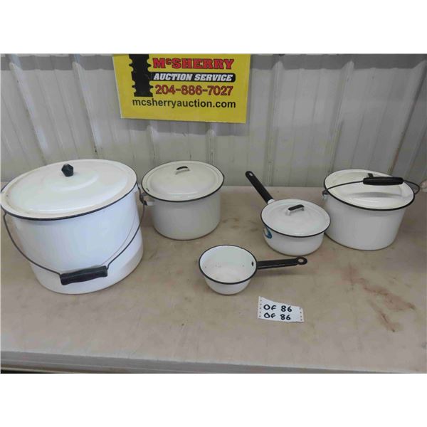 5 Enamel Pots - 4 with Lids - All White + Black