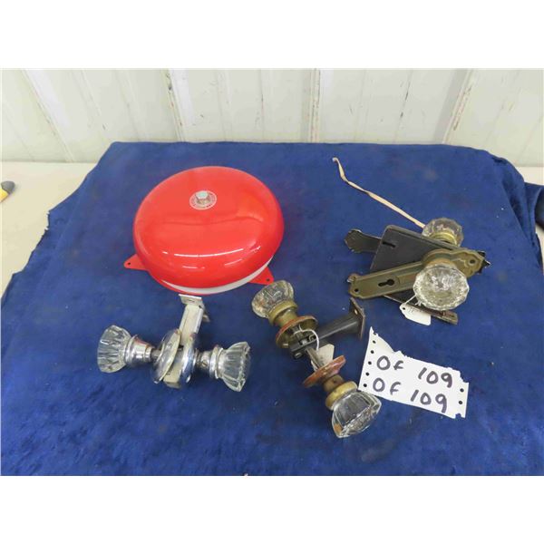 3 Sets of Old Glass Door Knobs + Fire Alarm