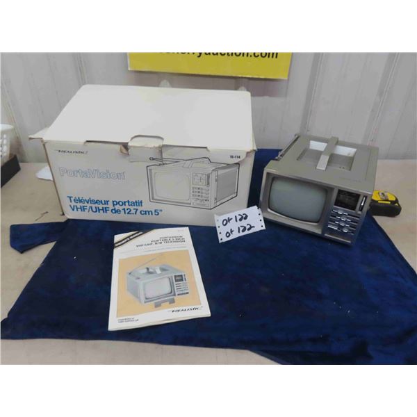 Realistic Portavision 5" VHF/UHF, B/W TV with Box, Manual + Power Source