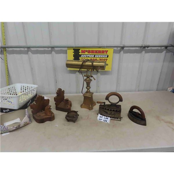 Brass Desk Lamp, Wooden Beaver Book Ends, Coal + Sad Irons