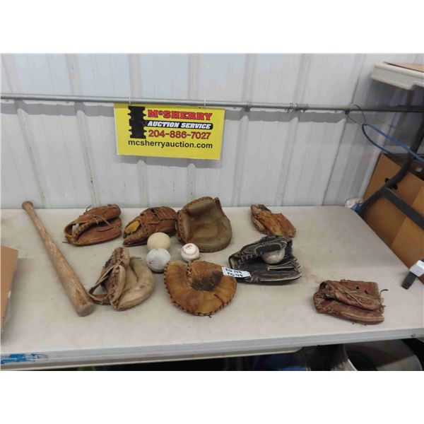 8 Older Baseball Gloves, Bat + Balls