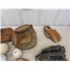 Image 3 : 8 Older Baseball Gloves, Bat + Balls