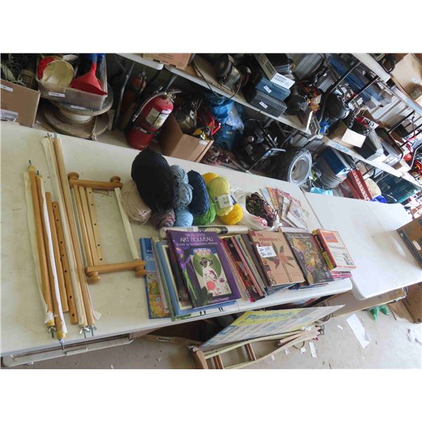 27 Needle Point Books, 5 Magazines, 3 Needle Work Frames, Some Yarn, Trim, Canvas