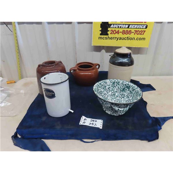 Enamel Strainer + Measurer, 3 Crockery Items ; Bean + Pickle Crocks