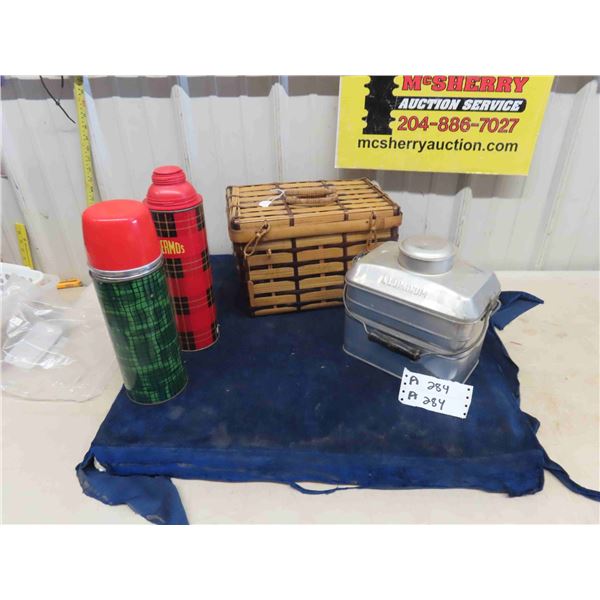 Aluminum Cooler/ Lunch Kit, Picnic Basket, 2 Thermos