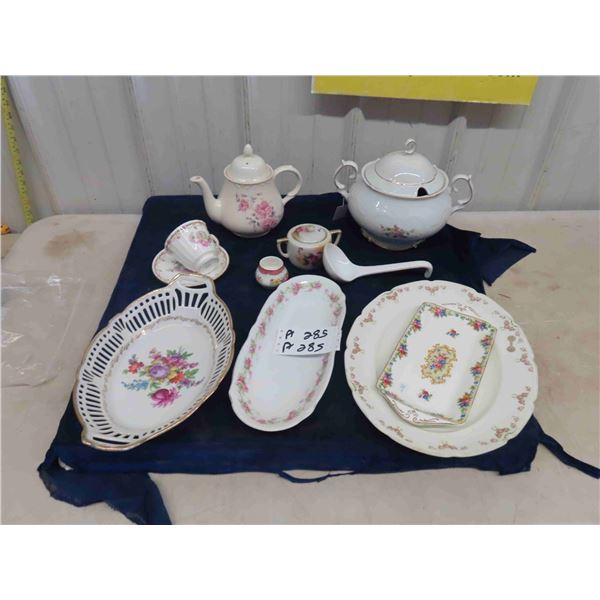 Various China, Tea Pots, Cup + Saucer, Soup tureen, Dishes, Trays, plus more