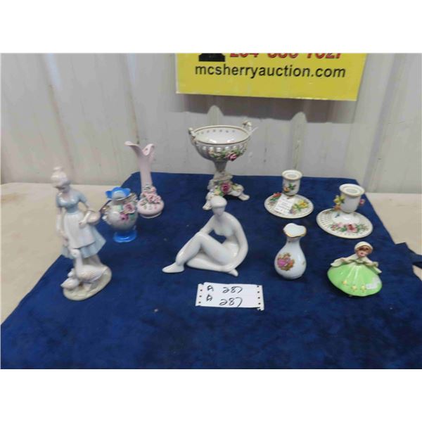 Dresden Candle Holder + Center Piece, Royal Doulton Figurine, Limoge Small Vase, 