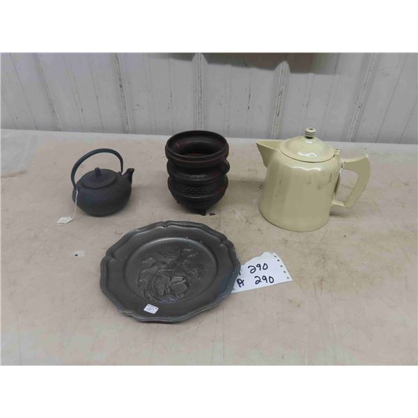 Cast Spittoon, Cast Kettle, Metal Embossed Picture Medieval, Wagner Ware Coffee Pot