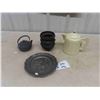 Image 1 : Cast Spittoon, Cast Kettle, Metal Embossed Picture Medieval, Wagner Ware Coffee Pot