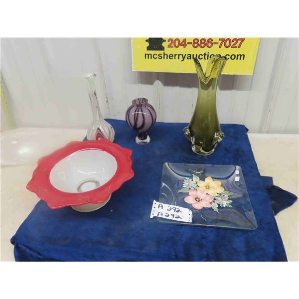 Chalet Marked Vase Green 14", Tall Blown Glass, Hand Painted Plate