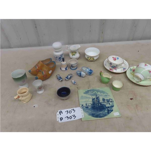 Delphite China Cups + Saucer, Egg Cups, Dutch Wooden Shoe Display 