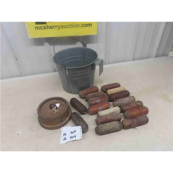 16 Old Wooden Net Floats, Horse Stop Tie Down, Galvanized Pail - No Nip