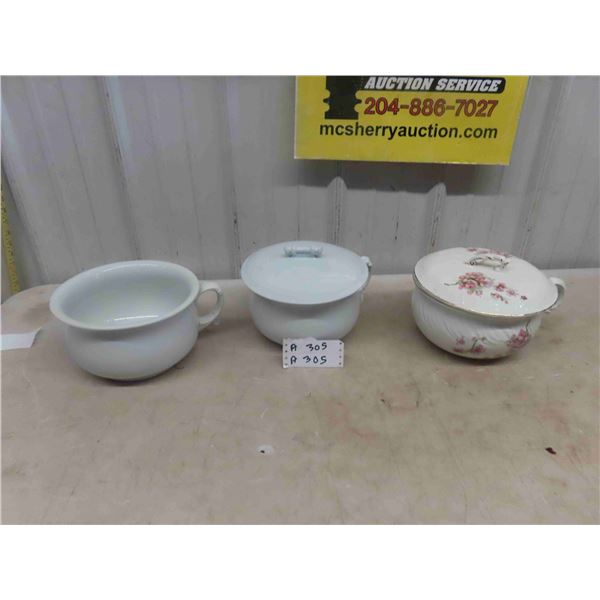 3 Chamber Pots - 2 with Lids, 2 Bushell Baskets, 5 Light Shades / Covers