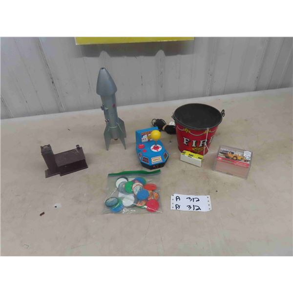 Mechanical Rocket Bank Vanity, Metal Church Bank, Namco Pacman Control, Pogs, 