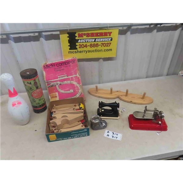 Micki Combinor Wood Train Set, Tinker Toy Builder, Bowling Pins, 2 Mini Childrens 