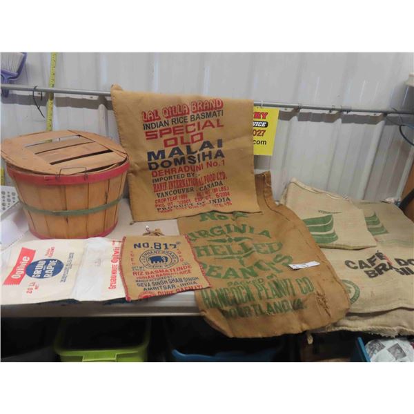 Bushell Basket with Lid, Guney Sacks with Advertising