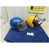 Image 1 : 2 Open Vintage Snowmobile Helmets - 1 with Shield ; Sparkling Blue + Ski-Doo Colors