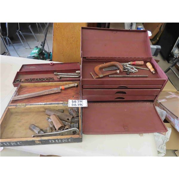 Vintage 3 Drawer Metal Tool Box, Wooden Box with Early Socket Set, Plumb Socket