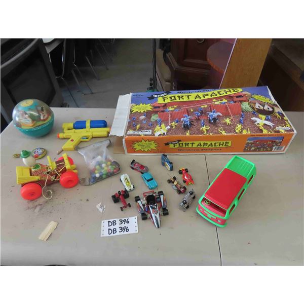 Fort Apache Play Set, VW Plastic Camper, Fisher Price Toys, Marbles, Assorted Die Cast