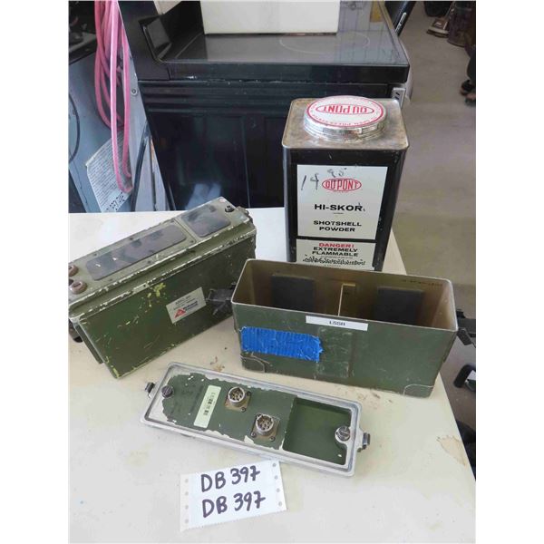 2 Military Metal Battery holder Packs, Du-Pont Shotshell Powder Tin