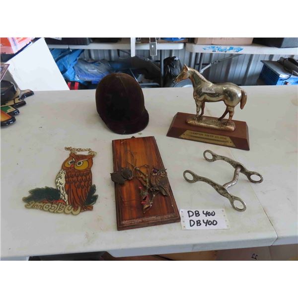 1970's Chrome Horse Award, Riders Hat, Bit, Owl Plaque