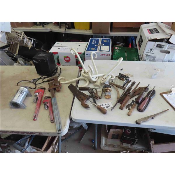 Ceramic Electric Heater, Pipe Wrench, Hooks, Shelf Brackets, Odds n Ends of Tools, 