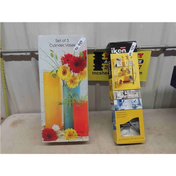3 New Cylinder Vases & New Shelf 6" x 23.3" x 23.9" 