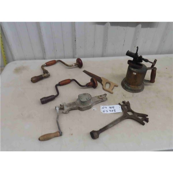 Blow Torch, Brass Drill, Old Multi Wrench, Gear Drive, Ice Cream Maker or Churn
