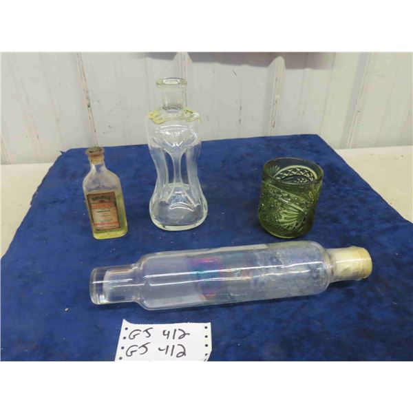 Absinth Bottle with Squashed Sides, Glass Rolling Pin, Castor Oil, Pressed Glass Pickler