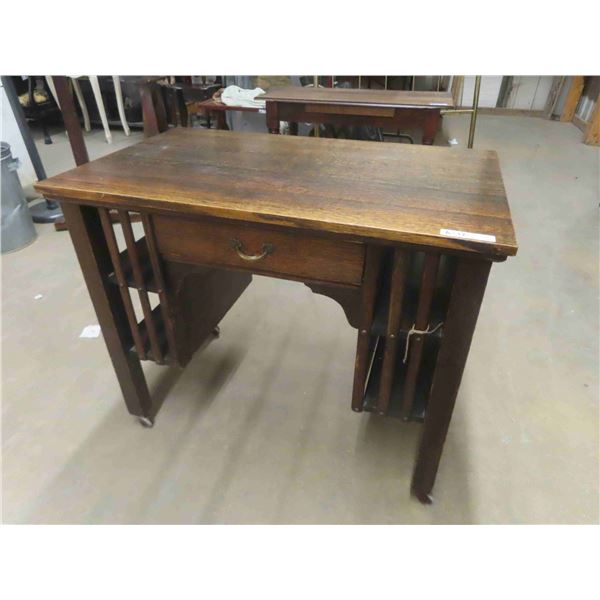 Oak Mission Style Desk with Drawer + Side Bookshelves on Casters 24" x 32" x 39" 