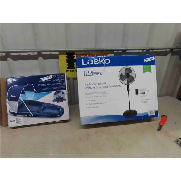2 New Items ; Aqua Pool Floating Lounger with Canopy & Lasko Pedestal Fan with 
