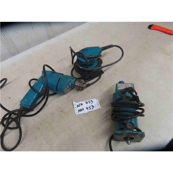 3 Makita Power Tools ; Trimmer, 10mm Drill, Finishing Sander