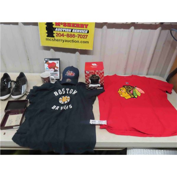 Nascar Globe, Sz 6 Cleats, (2) T-Shirts Sz XL; Boston + Chicago, plus more
