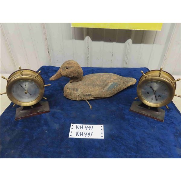 Vintage Wooden Duck Decoy, Brass Ships Wheel, Barometer + Clock