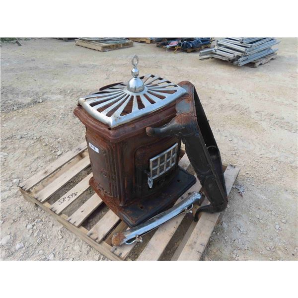 Antique Cast Iron Wood Stove with Chrome Parts + Stand Approximately 23"x23"×23"
