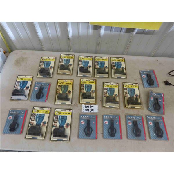 12 Lite Lok Flashlight Holders, 7 Belt Hook Flashlight Holders- All New