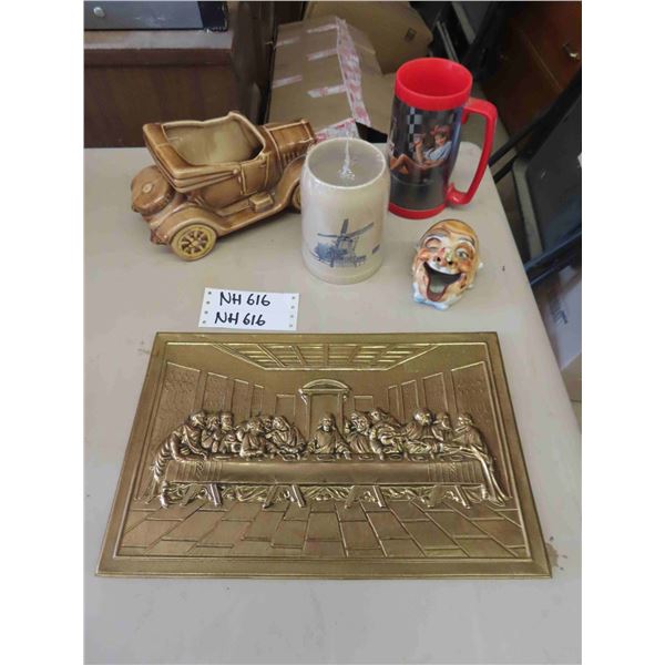 Copper Last Supper Picture, Snap On Cup, Old Man Face Ashtray, Car Planter, Stein