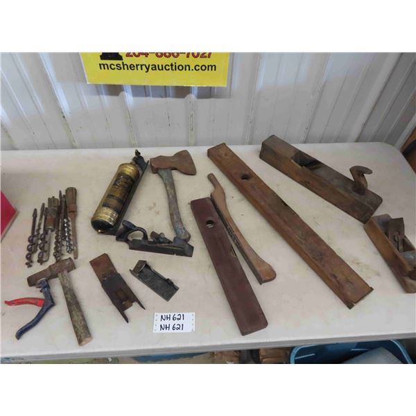 Pyrene Brass Fire Extinguisher, Wood Levels, Vintage Planers, Aiger Bits, Hatchet 